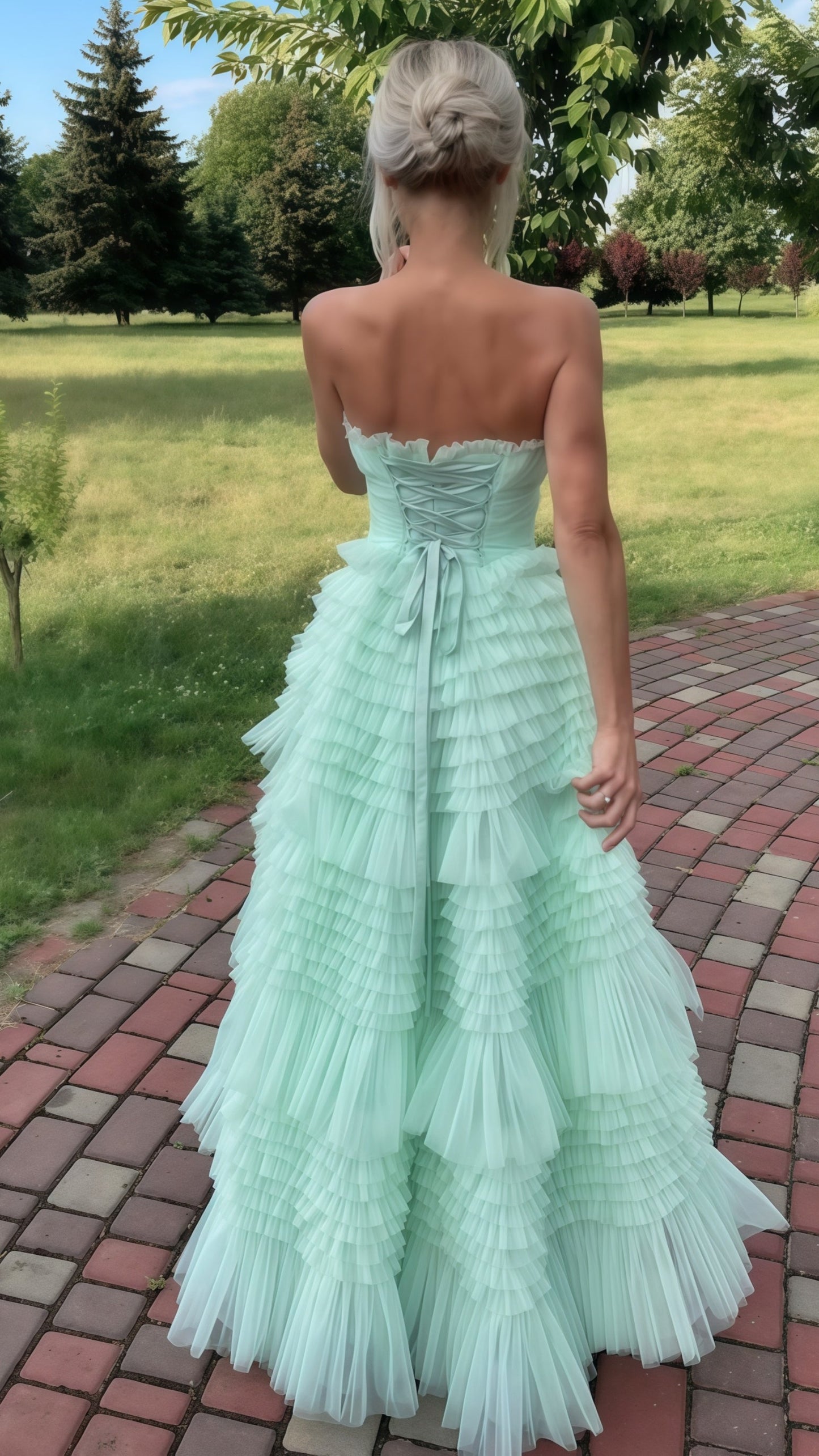 Sage Green Tulle Prom Dresses, Strapless Ruffle Birthday Dress