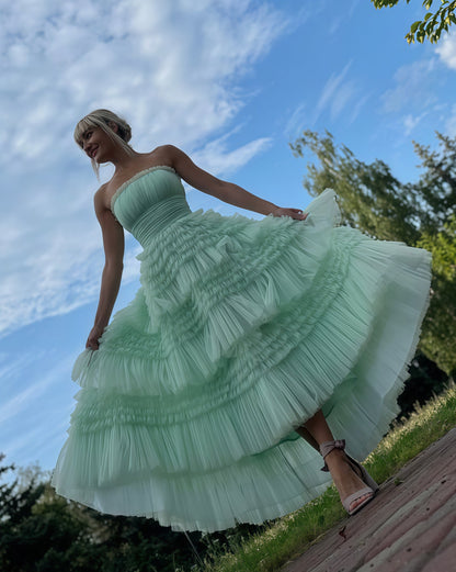 Sage Green Tulle Prom Dresses, Strapless Ruffle Birthday Dress