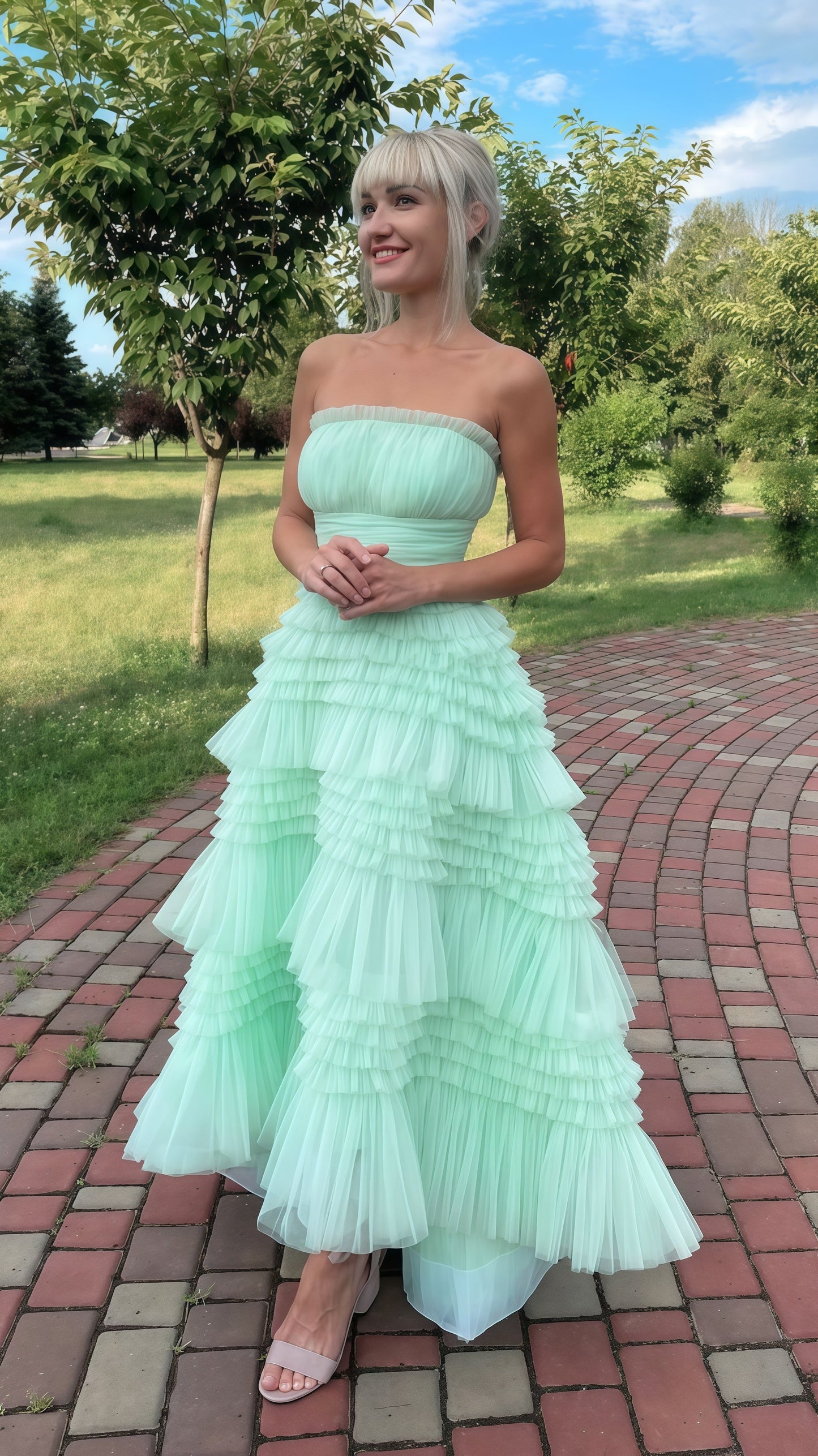 Sage Green Tulle Prom Dresses, Strapless Ruffle Birthday Dress