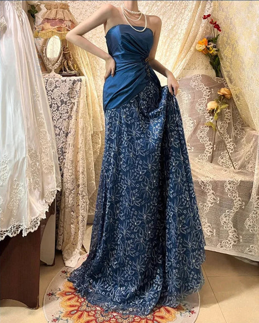 Sapphire blue exquisite beaded pleated elegant and charming retro fashion floral long taffeta lace ball gown evening dress gh4435