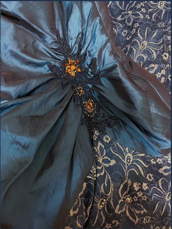 Sapphire blue exquisite beaded pleated elegant and charming retro fashion floral long taffeta lace ball gown evening dress gh4435