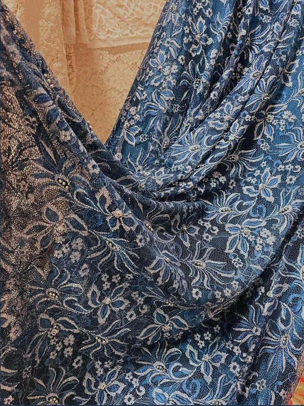 Sapphire blue exquisite beaded pleated elegant and charming retro fashion floral long taffeta lace ball gown evening dress gh4435