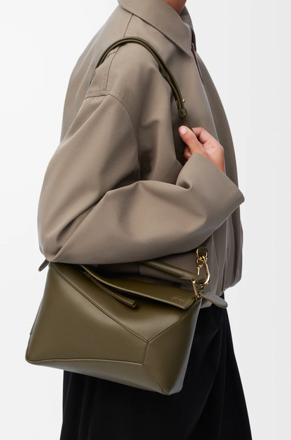 Loewe Small Puzzle Edge Bag in Dark Khaki Smooth Calfskin Leather with Gold Hardware RRP £2,700
