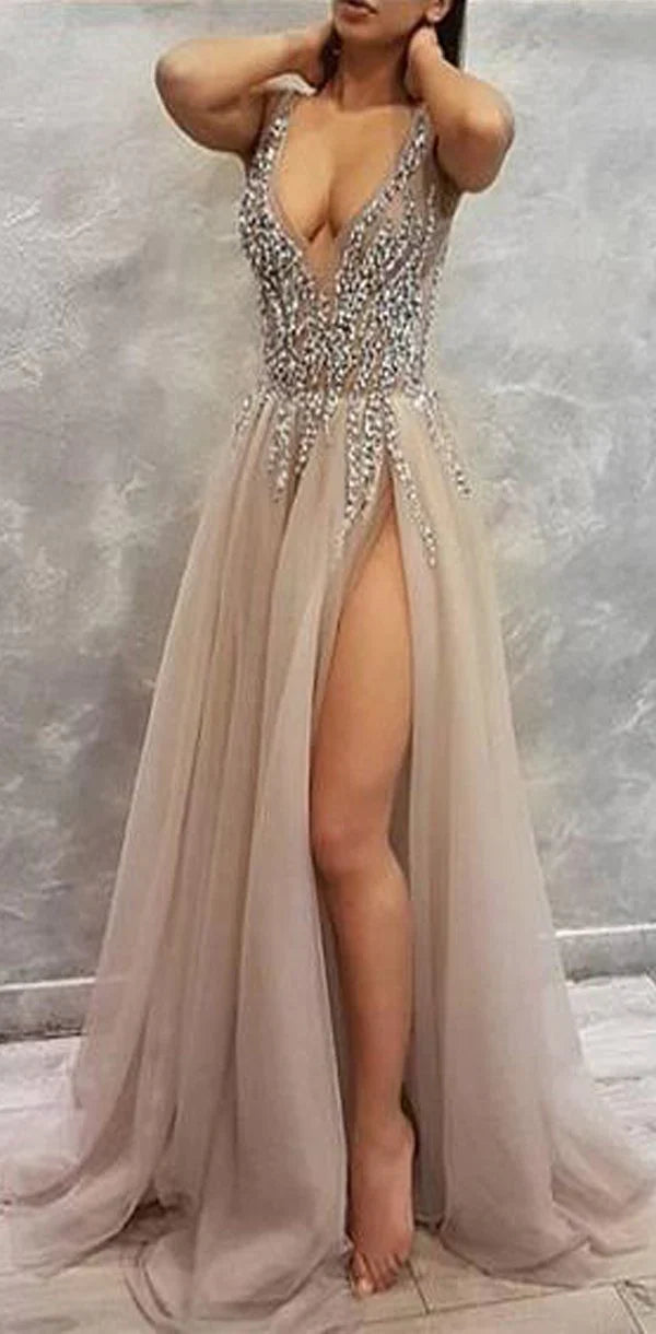PM350,Grey Beaded Tulle V-Neck Sexy Prom Dresses,Split Long Evening Dresses