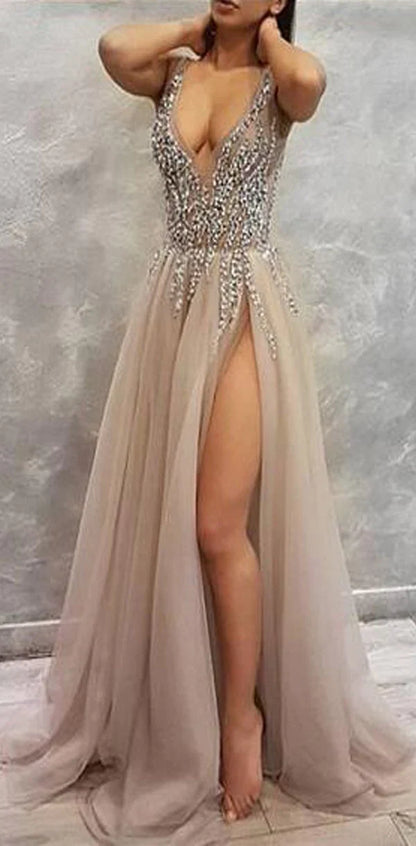 PM350,Grey Beaded Tulle V-Neck Sexy Prom Dresses,Split Long Evening Dresses