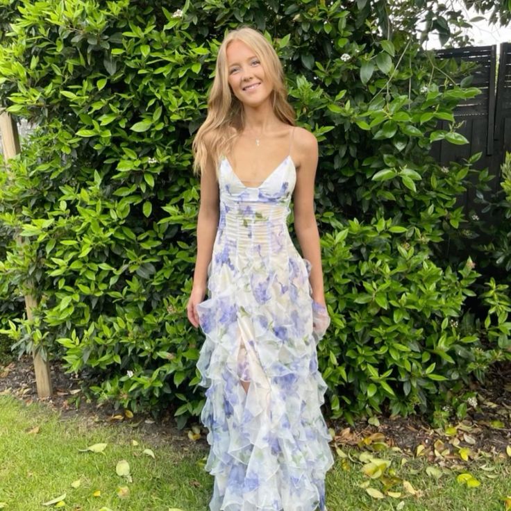 Sexy&Classic Floral Ruffle Prom Dress Long Evening Gown