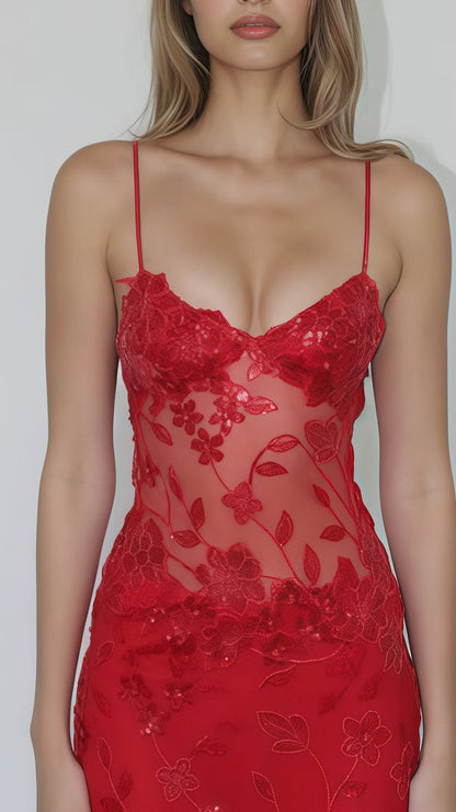 Sexy Red Lace Sequin Long Evening Prom Dress