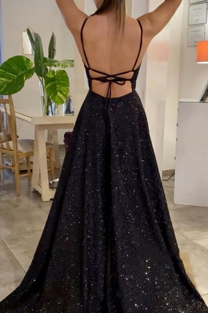 Shiny V Neck Backless Black Long Prom Dresses,Sexy Formal Dresses, Sparkly Black Evening Dress