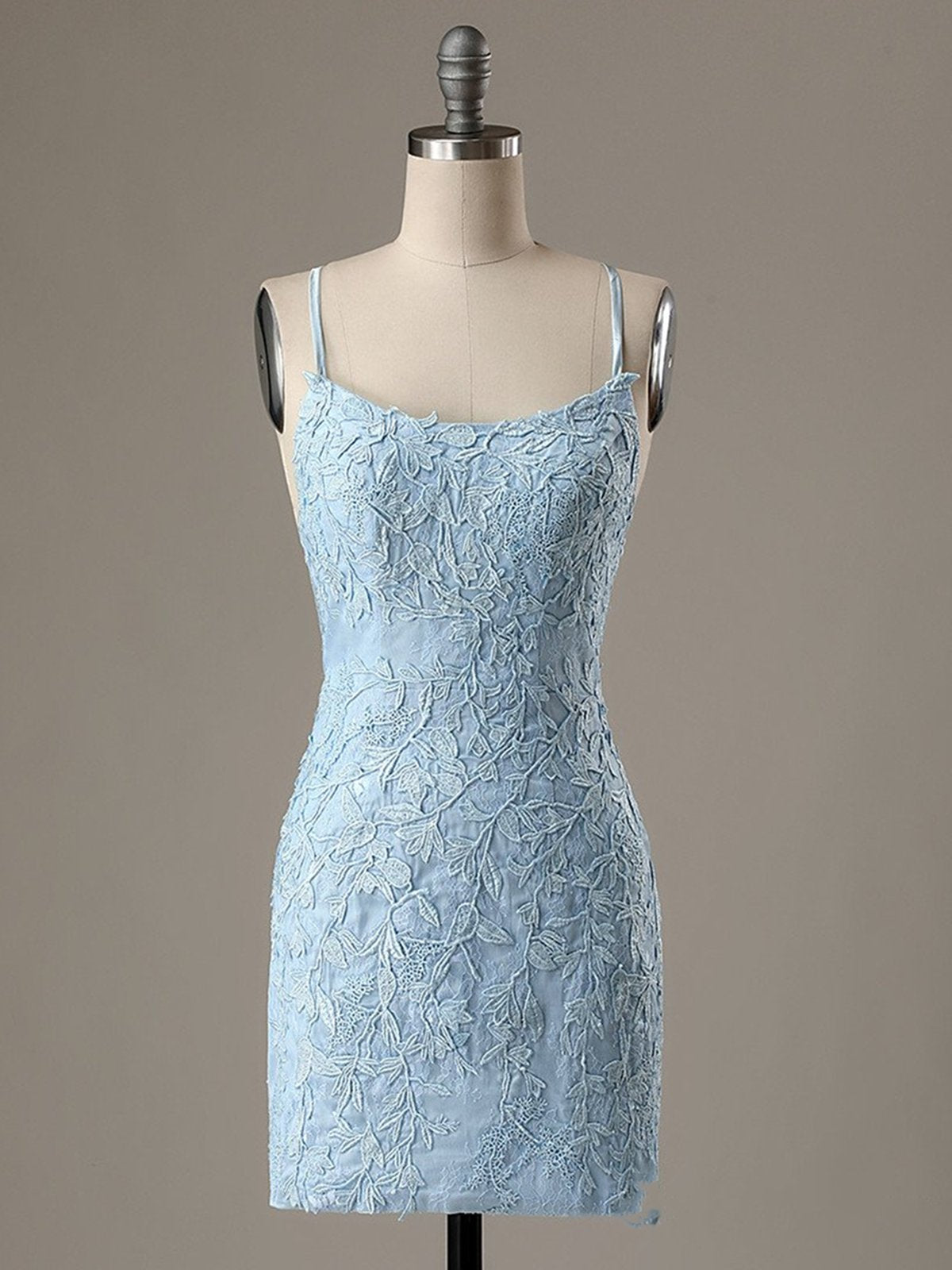 Short Light Blue Backless Lace Prom Dresses, Open Back Light Blue Lace Graduation Homecoming Dresses