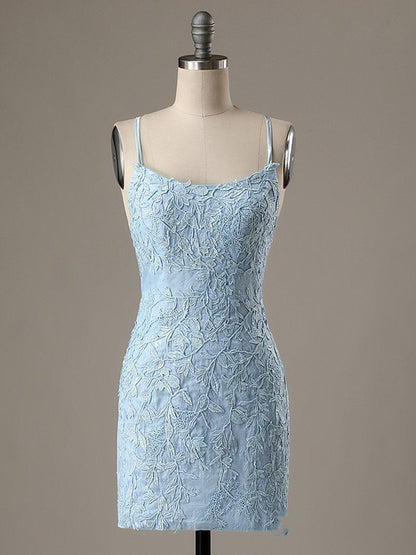 Short Light Blue Backless Lace Prom Dresses, Open Back Light Blue Lace Graduation Homecoming Dresses