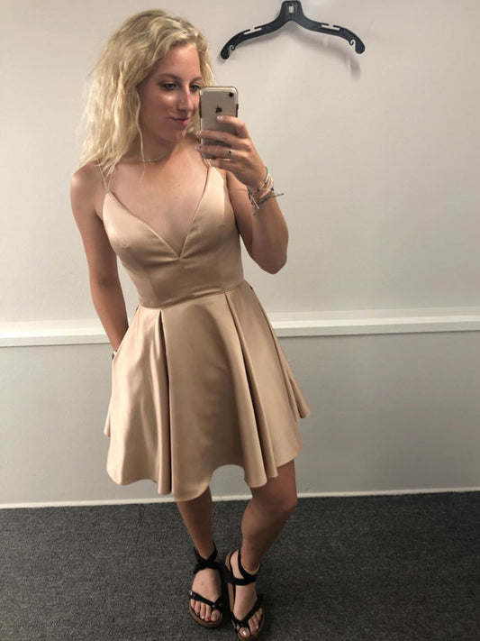 Short V Neck Champagne Prom Dresses, V Neck Short Champagne Homecoming Graduation Dresses