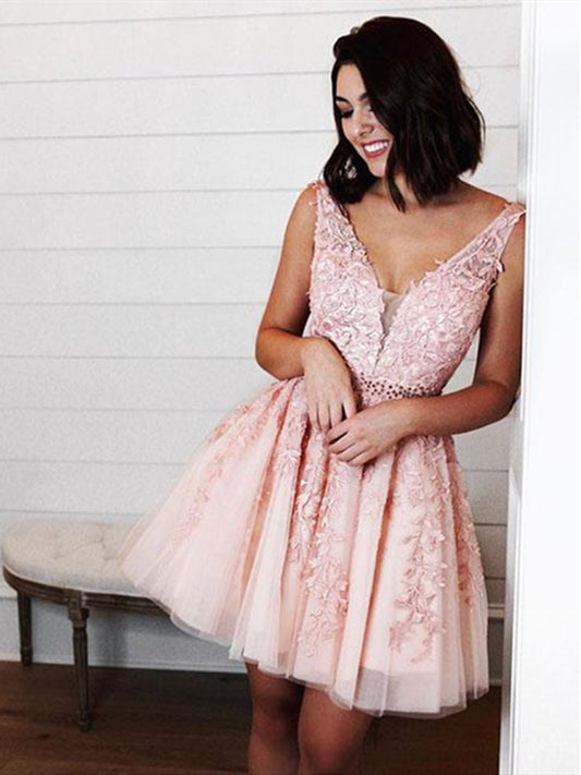 Short V Neck Pink Lace Prom Dresses, Short Pink Lace Formal Homecoming Dresses