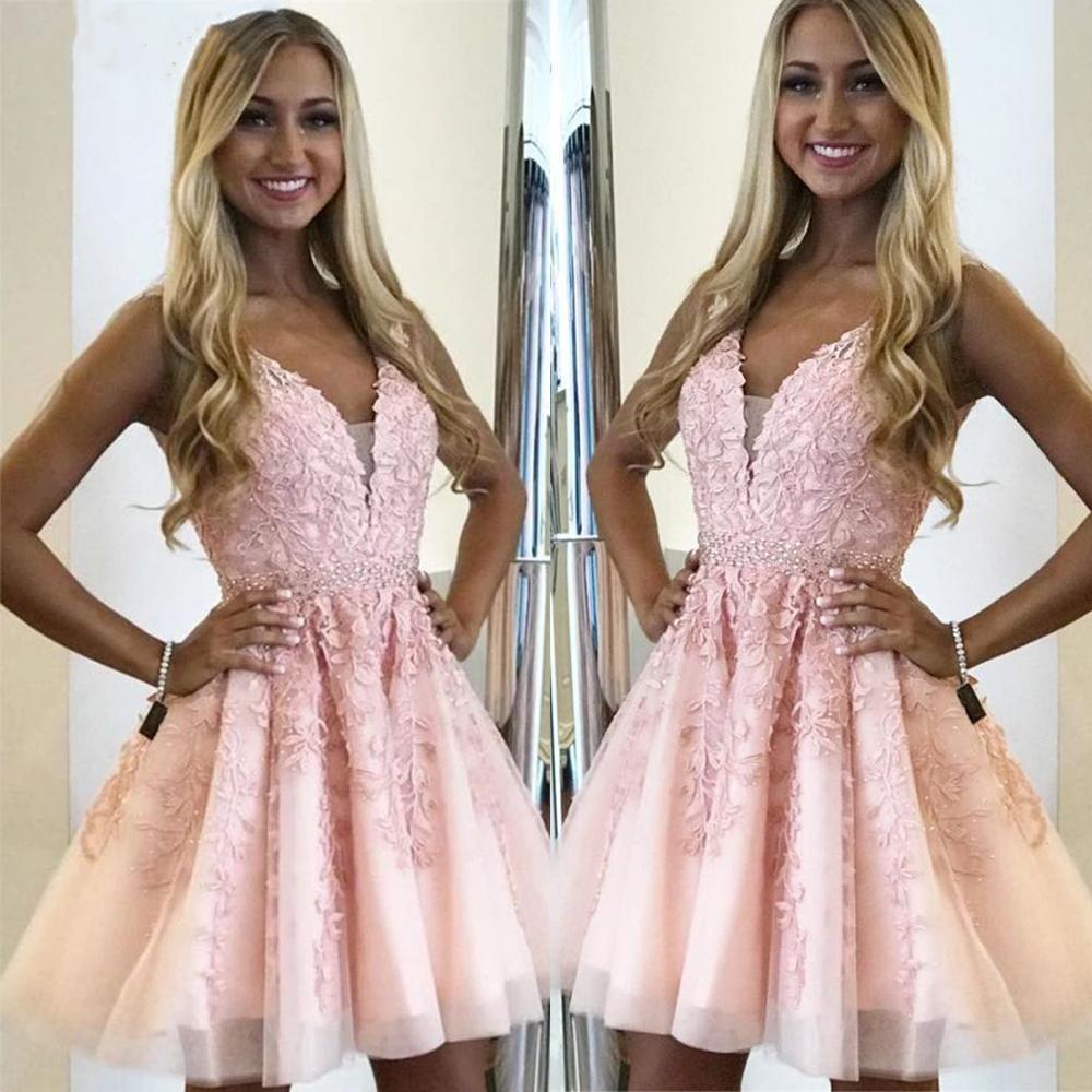 Short V Neck Pink Lace Prom Dresses, Short Pink Lace Formal Homecoming Dresses