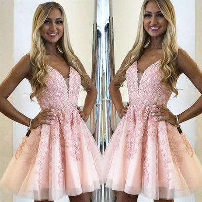 Short V Neck Pink Lace Prom Dresses, Short Pink Lace Formal Homecoming Dresses
