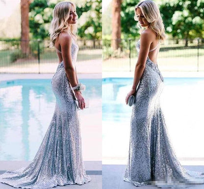 Silver Mermaid Sequin Cross Back Long Prom Dress