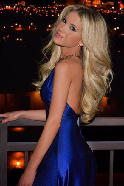 Simple Royal Blue Satin Deep V-Neck Long Prom Dresses, Evening Dress