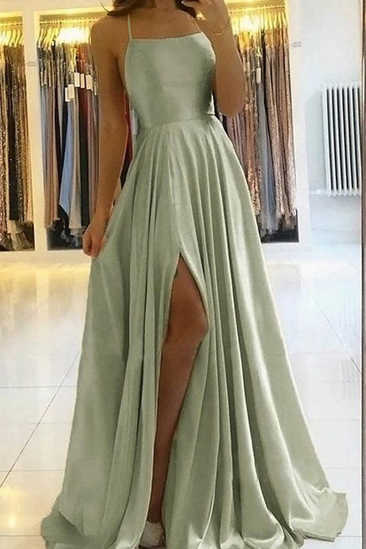 Simple Champagne Satin Long Prom Dress formal Dress With Split PSK229