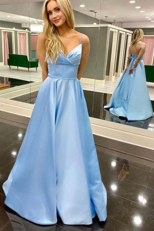 Simple Stain Light Sky Blue Long Prom Dress, A-line V-neck Formal Gown
