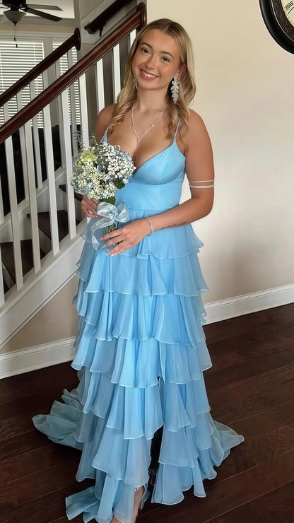 Sky Blue Chiffon Ruffles Prom Dresses, Spaghetti Straps Evening Dresses With Split