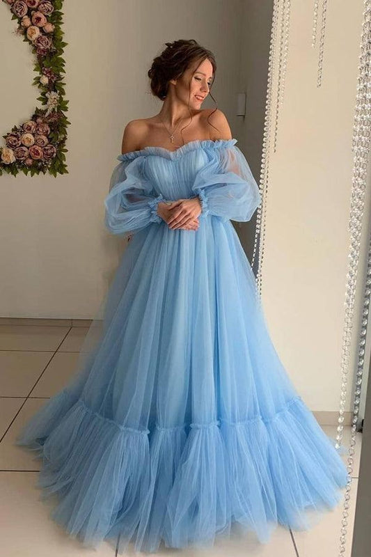 Off the Shoulder Sky Blue Long Prom Dress Elegant Party Dress  PG971