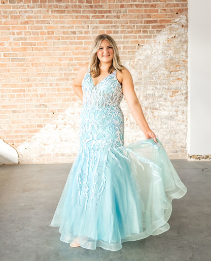 Sky Blue Appliques Mermaid Prom Dresses V-Neck Formal Gown