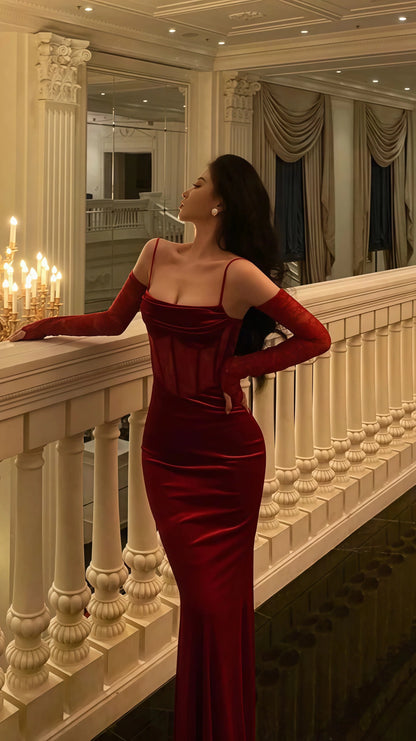 Spaghetti Straps Burgundy Mermaid Prom Dresses, Velvet Lace Evening Party Dress