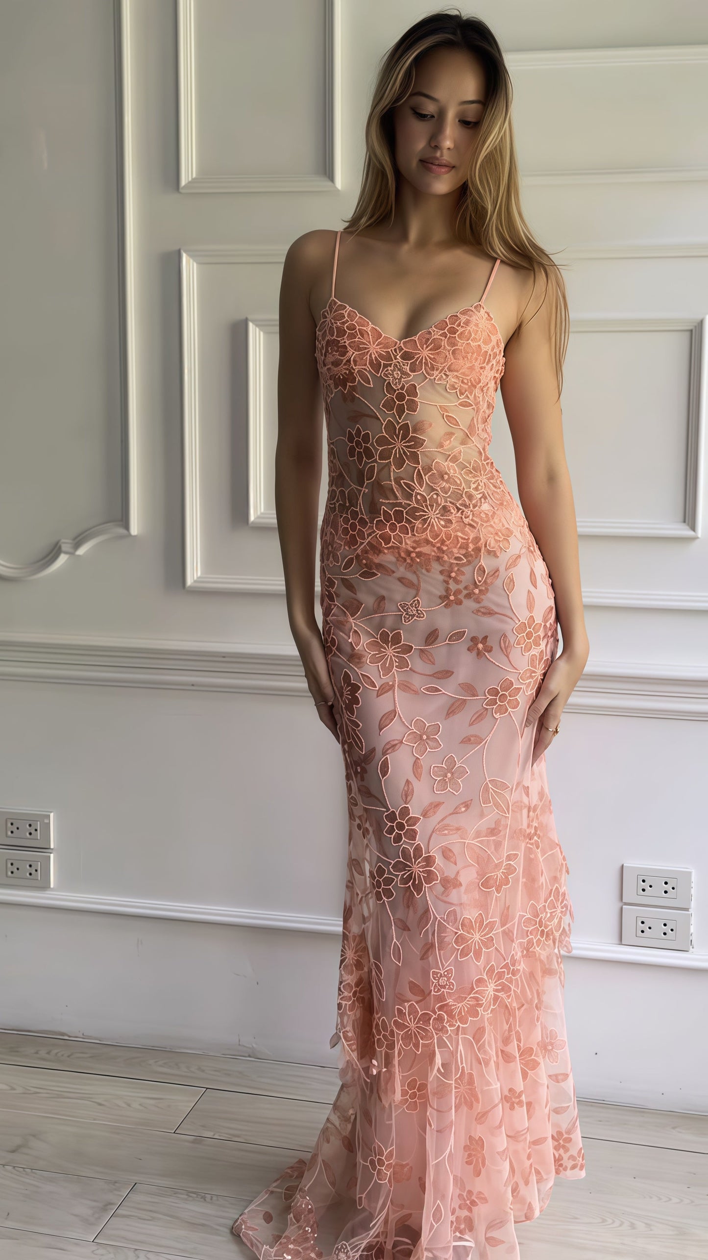 Spaghetti Straps Floral Party Dress, Pink Evening Prom Dress