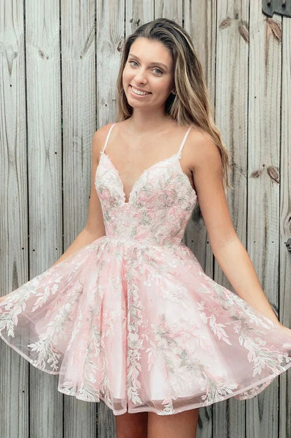 Spaghetti Straps Lace Homecoming Dress