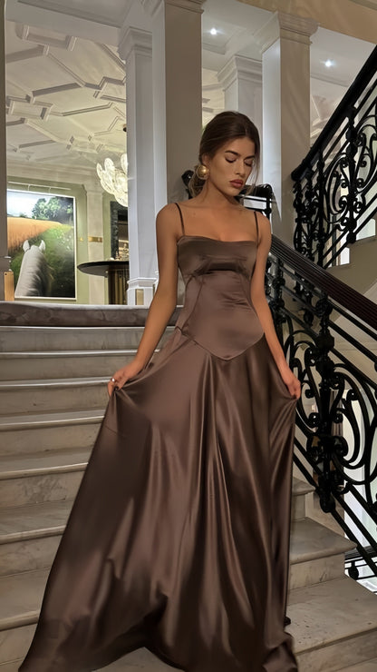 Spaghetti Straps Prom Dress, Brown A-line Evening Dress