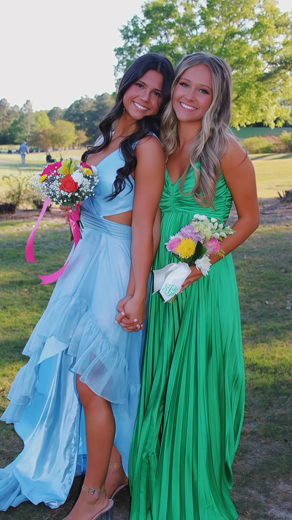 Spaghetti Straps V-Neck Pleated Senior Prom Dresses