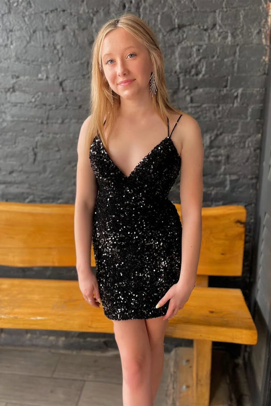 PM136,Sparkle Black Sequined Homecoming Dresses Cross Back Mini Graduation Dresses