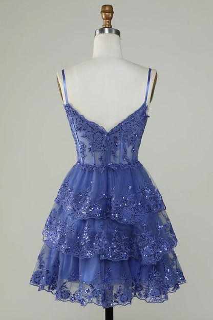 Sparkly Spaghetti Straps Sequins Purple Short Homecoming Dress