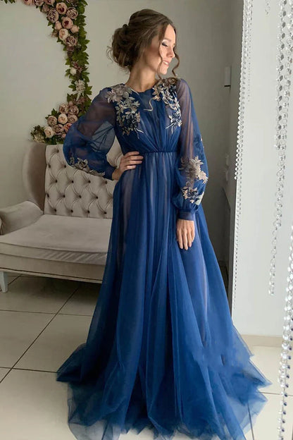 Grey/blue/green elegant delicate floral applique long sleeves maxi tulle ball gown evening dress party dress gh2110