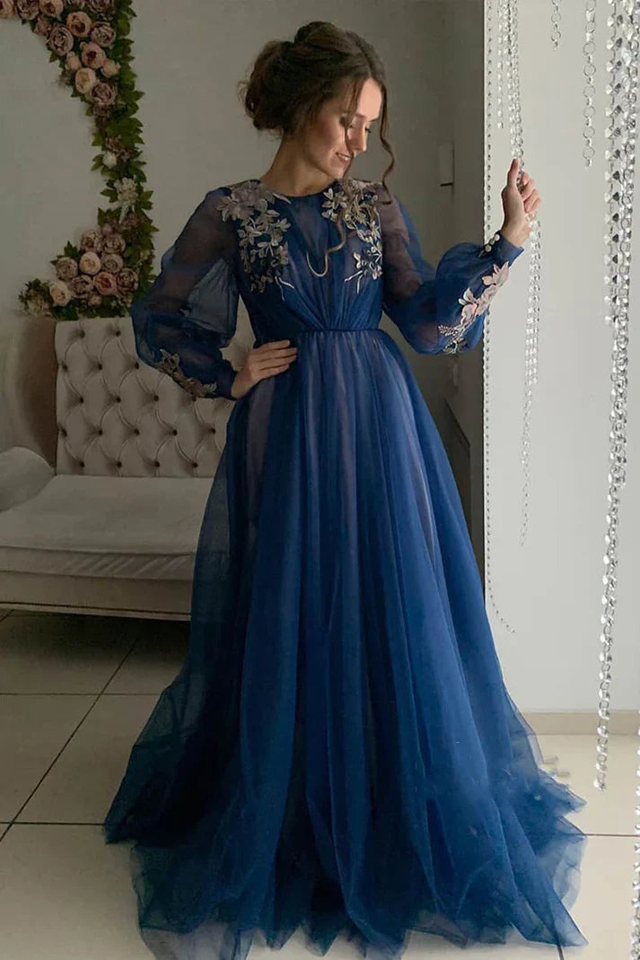 Grey/blue/green elegant delicate floral applique long sleeves maxi tulle ball gown evening dress party dress gh2110