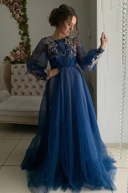 Grey/blue/green elegant delicate floral applique long sleeves maxi tulle ball gown evening dress party dress gh2110