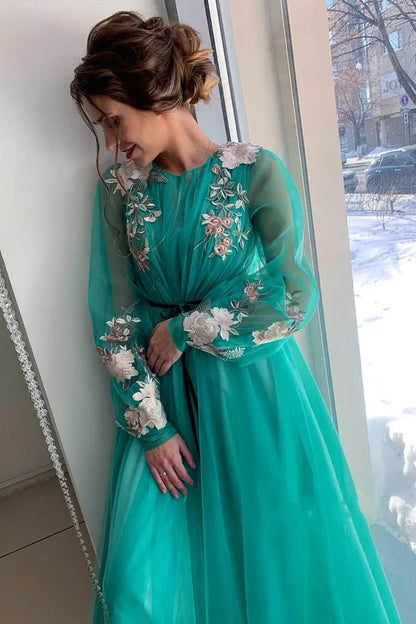 Grey/blue/green elegant delicate floral applique long sleeves maxi tulle ball gown evening dress party dress gh2110
