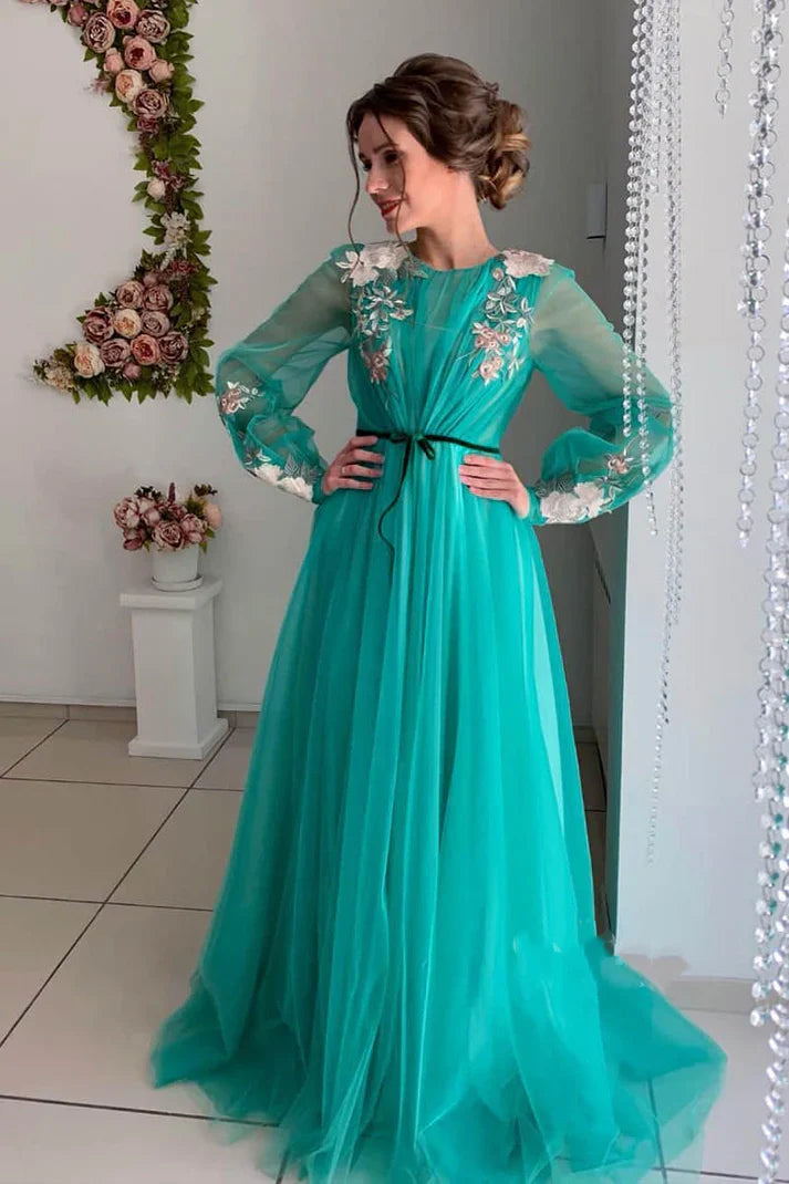Grey/blue/green elegant delicate floral applique long sleeves maxi tulle ball gown evening dress party dress gh2110