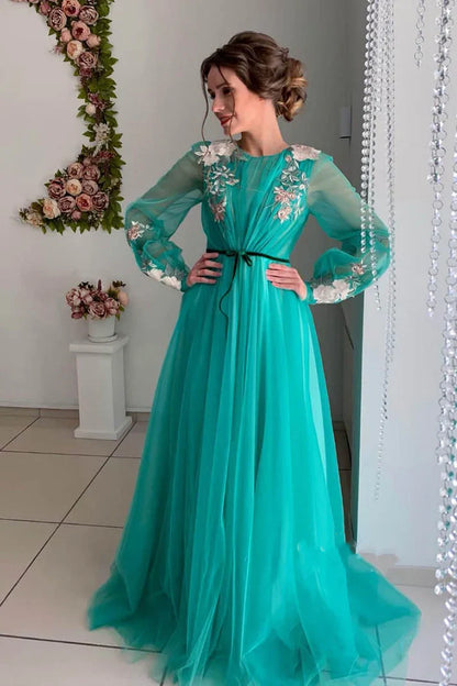 Grey/blue/green elegant delicate floral applique long sleeves maxi tulle ball gown evening dress party dress gh2110