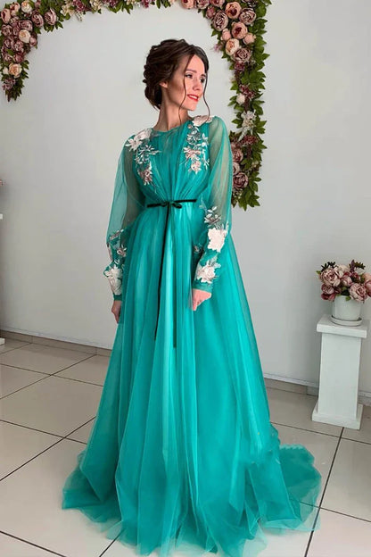 Grey/blue/green elegant delicate floral applique long sleeves maxi tulle ball gown evening dress party dress gh2110