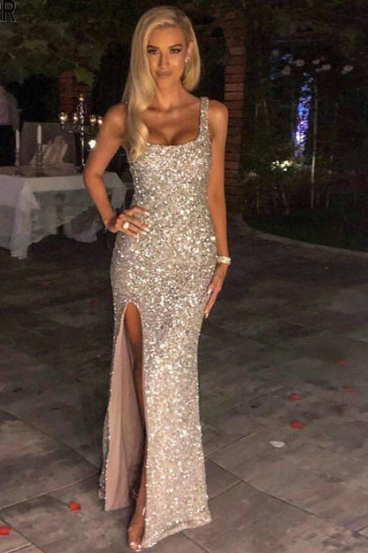 Square Neck Sequined Slit Maxi Evening Dress, Long Prom Dresses