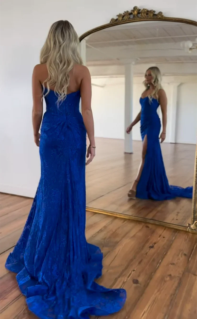 Strapless Mermaid Lace Prom Dress Sleeveless Semi Formal Gown