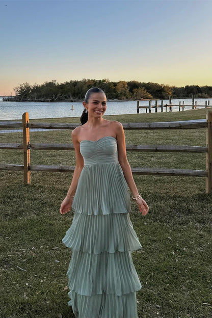 Strapless Pink Pleated Tiered A-line Long Dress Formal Gown