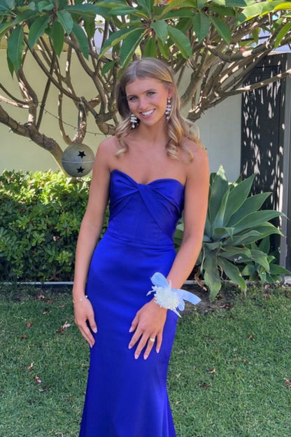 Strapless Royal Blue Twist Sheath Long Dress for Formal Occasion