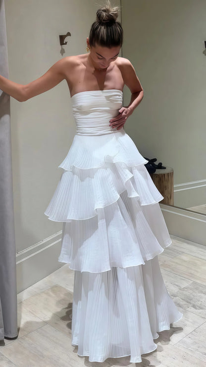 Strapless White Pleated Layers Long Prom Dress Sleeveless Evening Gown
