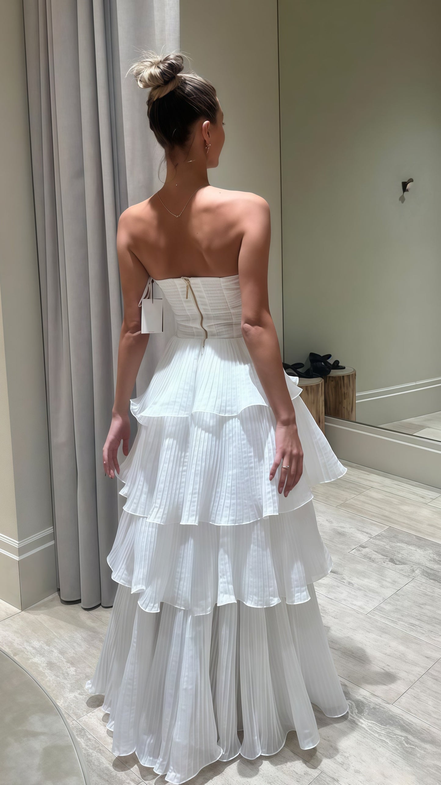 Strapless White Pleated Layers Long Prom Dress Sleeveless Evening Gown