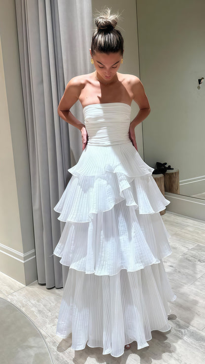 Strapless White Pleated Layers Long Prom Dress Sleeveless Evening Gown