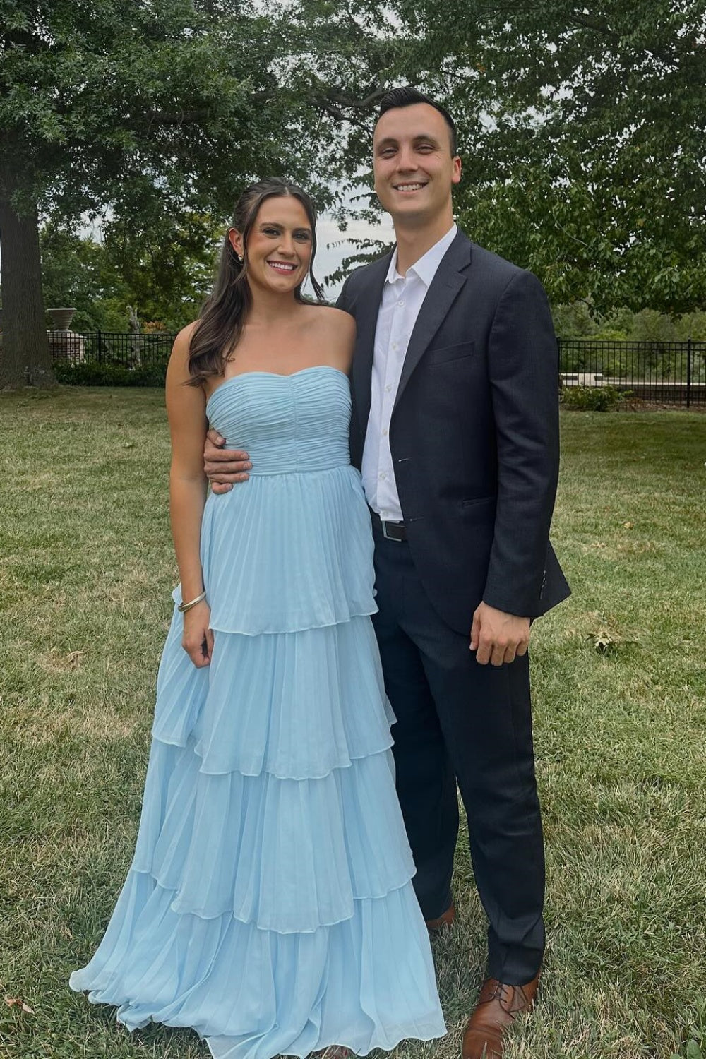 Strapless Pink Pleated Tiered A-line Long Dress Formal Gown