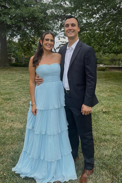 Strapless Pink Pleated Tiered A-line Long Dress Formal Gown