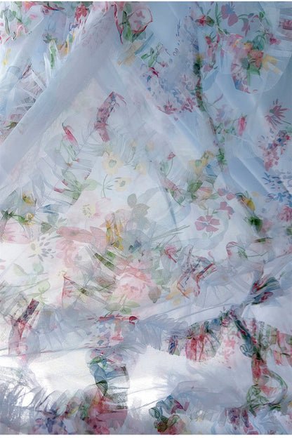 Pretty Straps Blue Floral Print Ruched Long Formal Evening Dresses