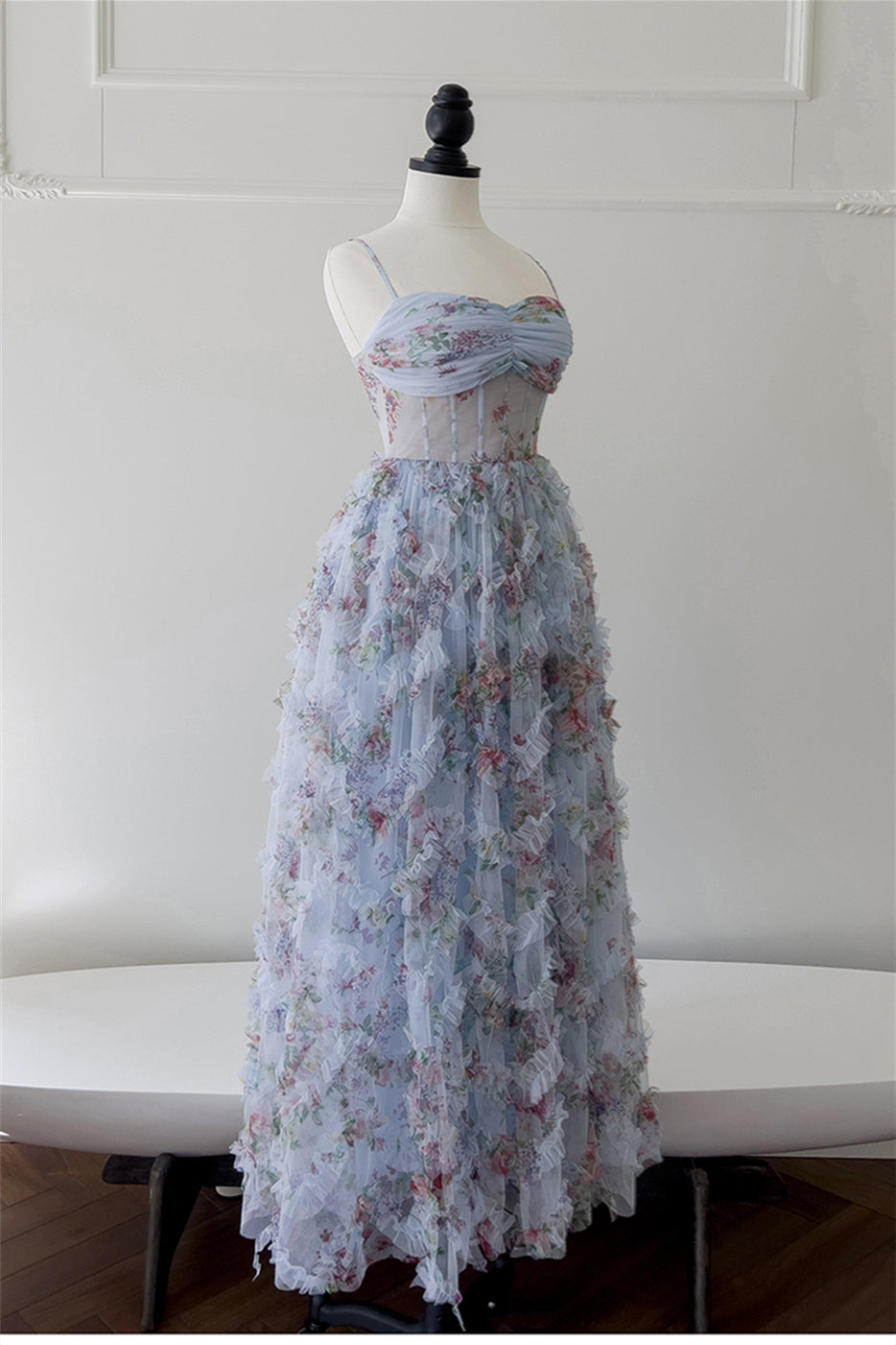 Pretty Straps Blue Floral Print Ruched Long Formal Evening Dresses